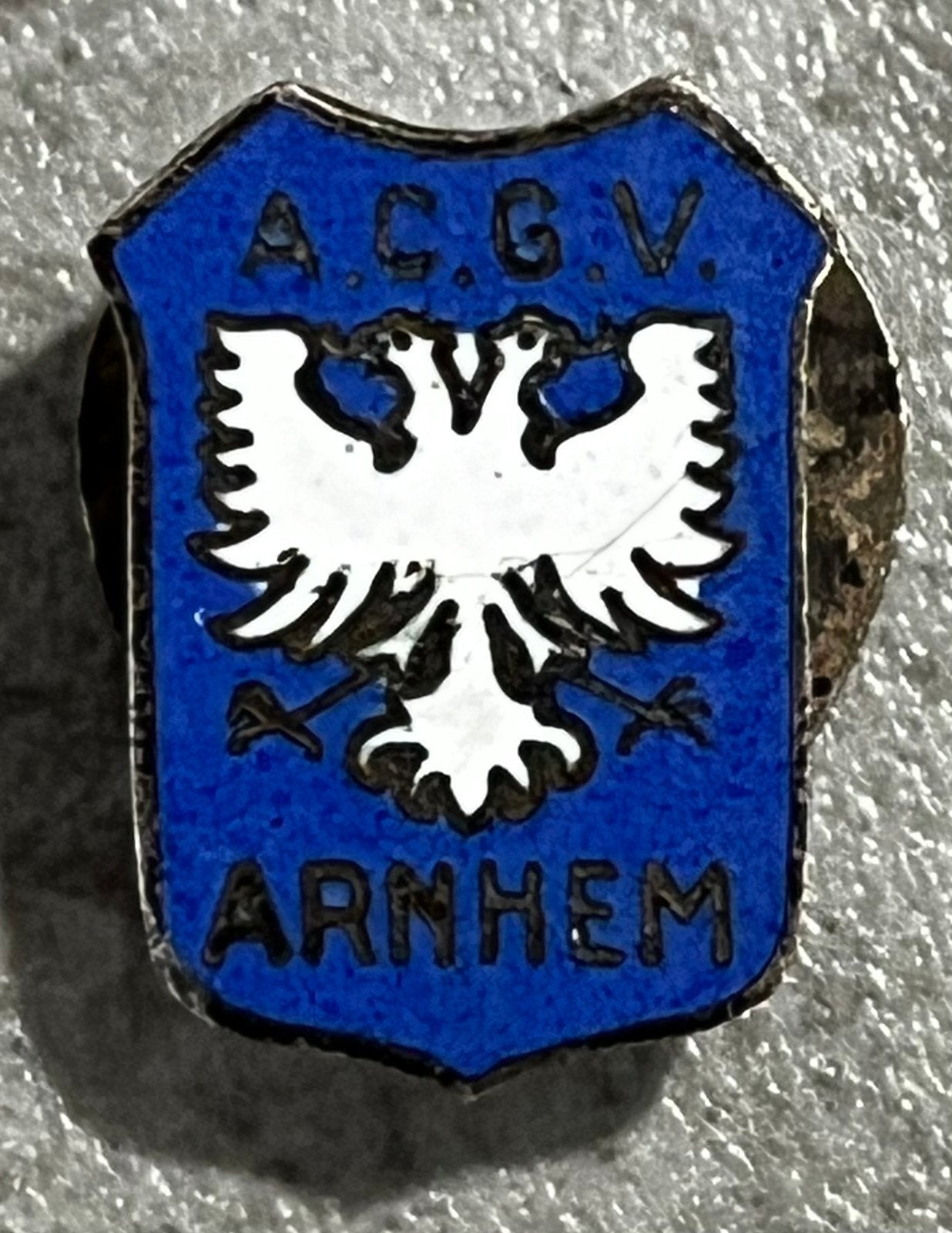 geemailleerde speld knoopsgat ACGV gymnastiek ver. Arnhem, Ophalen of Verzenden, Gebruikt