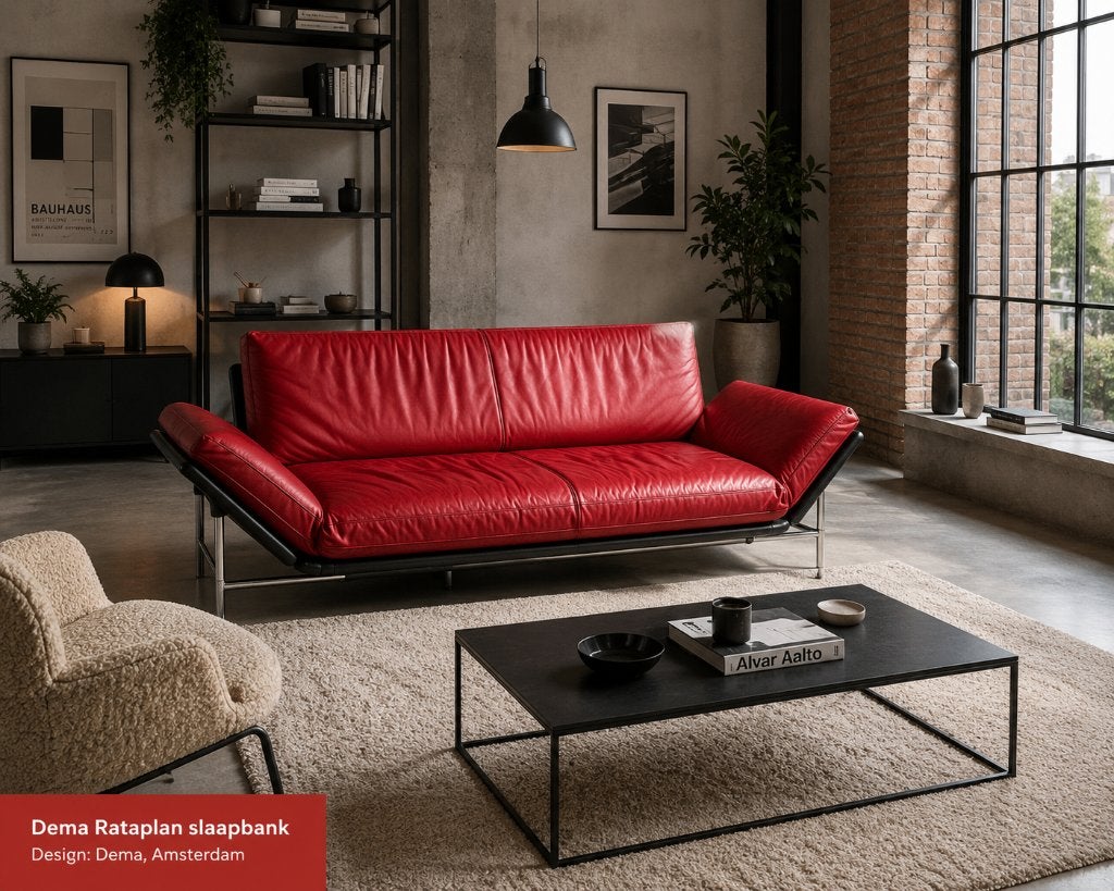 Dema Rataplan Slaapbank Chaise Longue gerestaureerd leer, Ophalen, Eenpersoons, Memphis Design Vintage Italiaans Space Age, 150 tot 200 cm