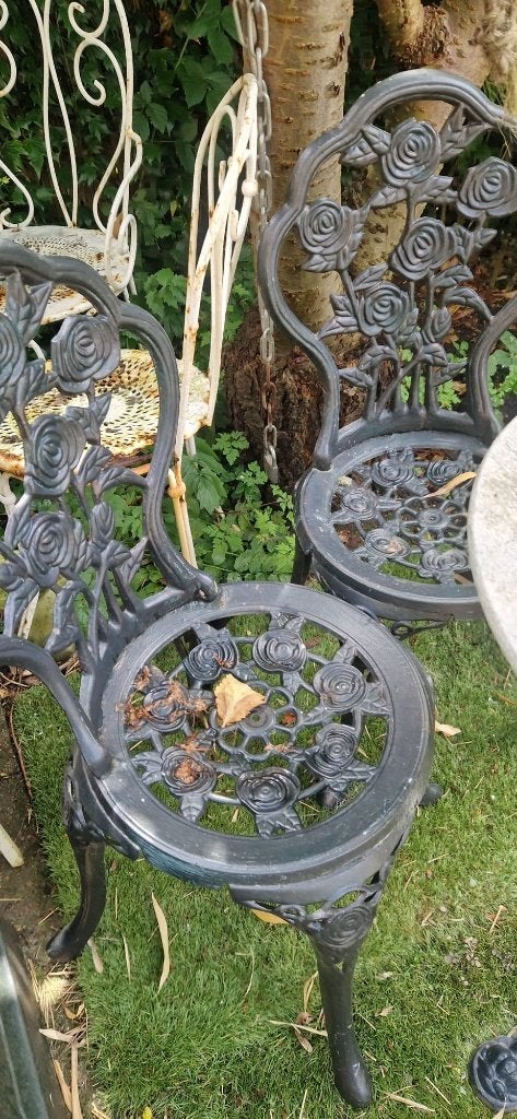 Bistro set + tafel met marmeren blad (brocante), Gebruikt, Bijzettafel, Aluminium, Tuinset