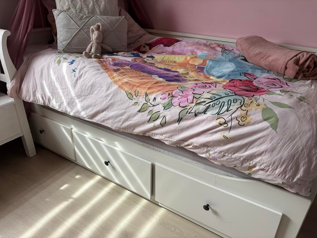 2 HEMNES Bedbanken met 3 lades/wit, 80x200 cm, Ophalen, Gebruikt, Eenpersoons, Wit