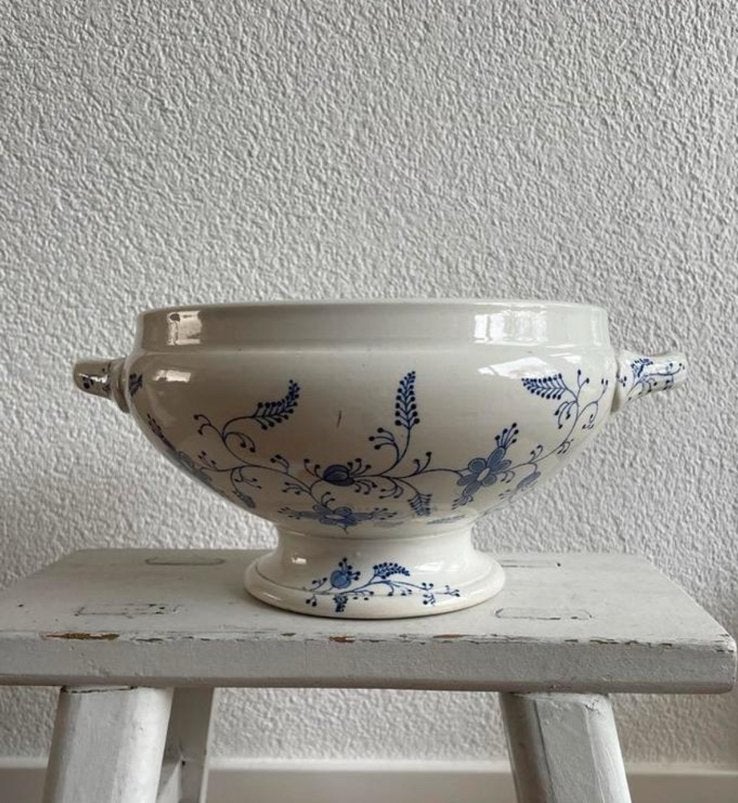 Antieke Soepterrine Nimy met Blauw Decor Belgie, Ophalen of Verzenden
