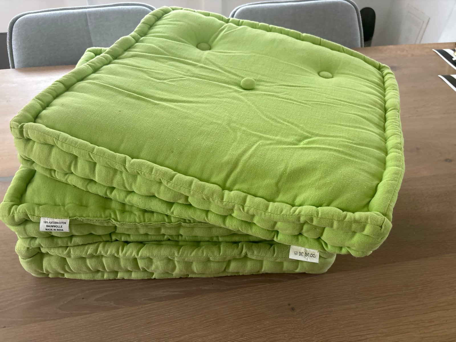 Set van 3 groene zitkussens, 100% katoen, Huis en Inrichting, Woonaccessoires | Kussens, Ophalen, Overige merken, Gebruikt, Vierkant