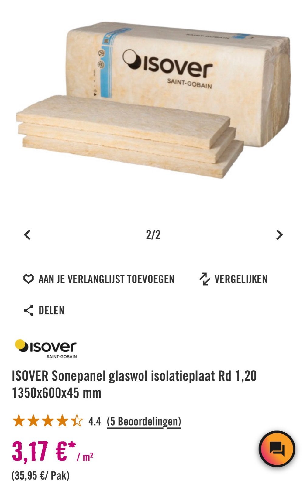 ISOVER Sonepanel glaswol isolatieplaat 1350x600x45 mm, Nieuw, Minder dan 5 m², Muurisolatie, Glaswol