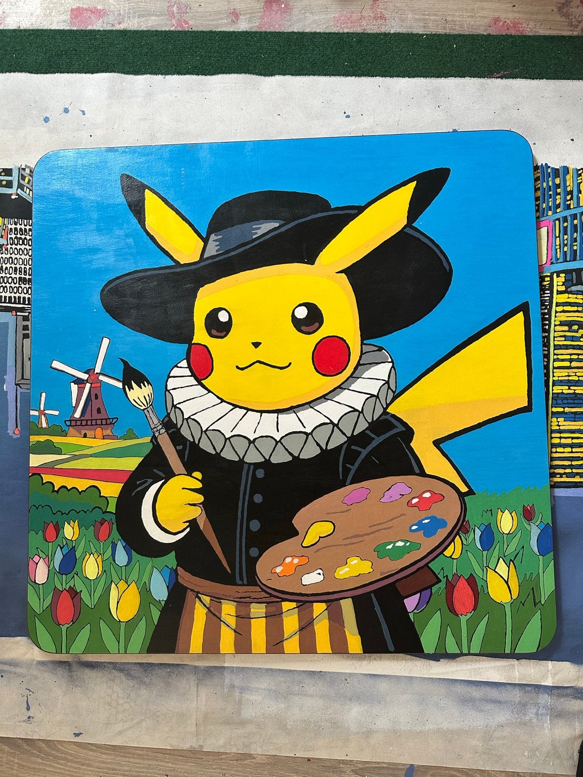 Pop Art Pikachu Rembrandt Tafel- of Wandstuk, Ophalen, Hout, Acrylverf, Stripfiguren/cartoons