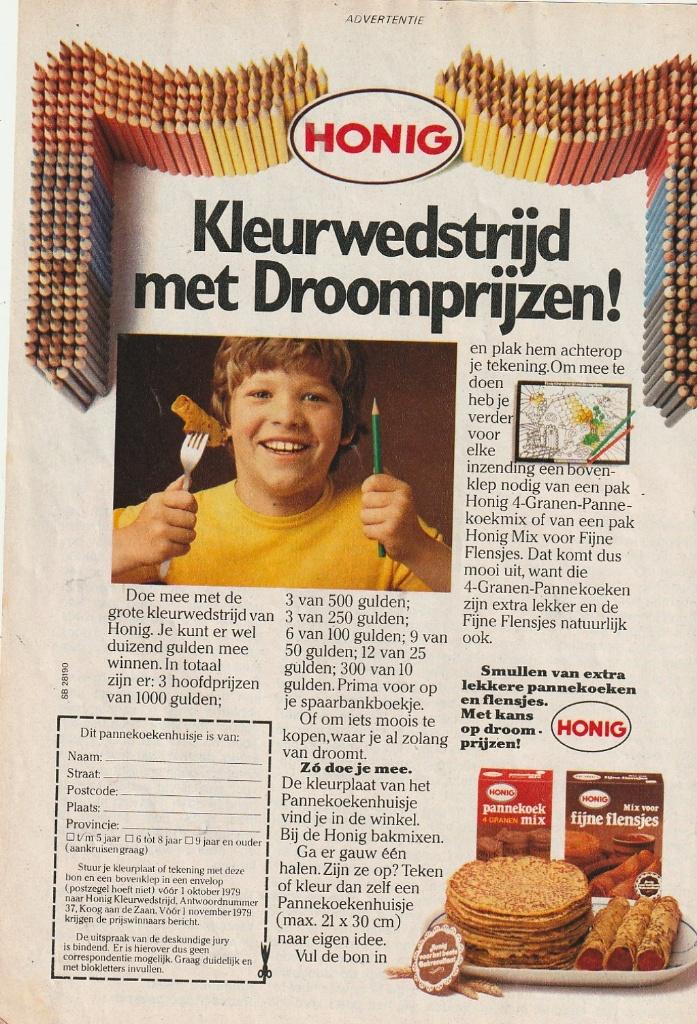 Retro reclame 1979 Honig pannekoekmix jongetje met honger, Verzenden, Overige typen