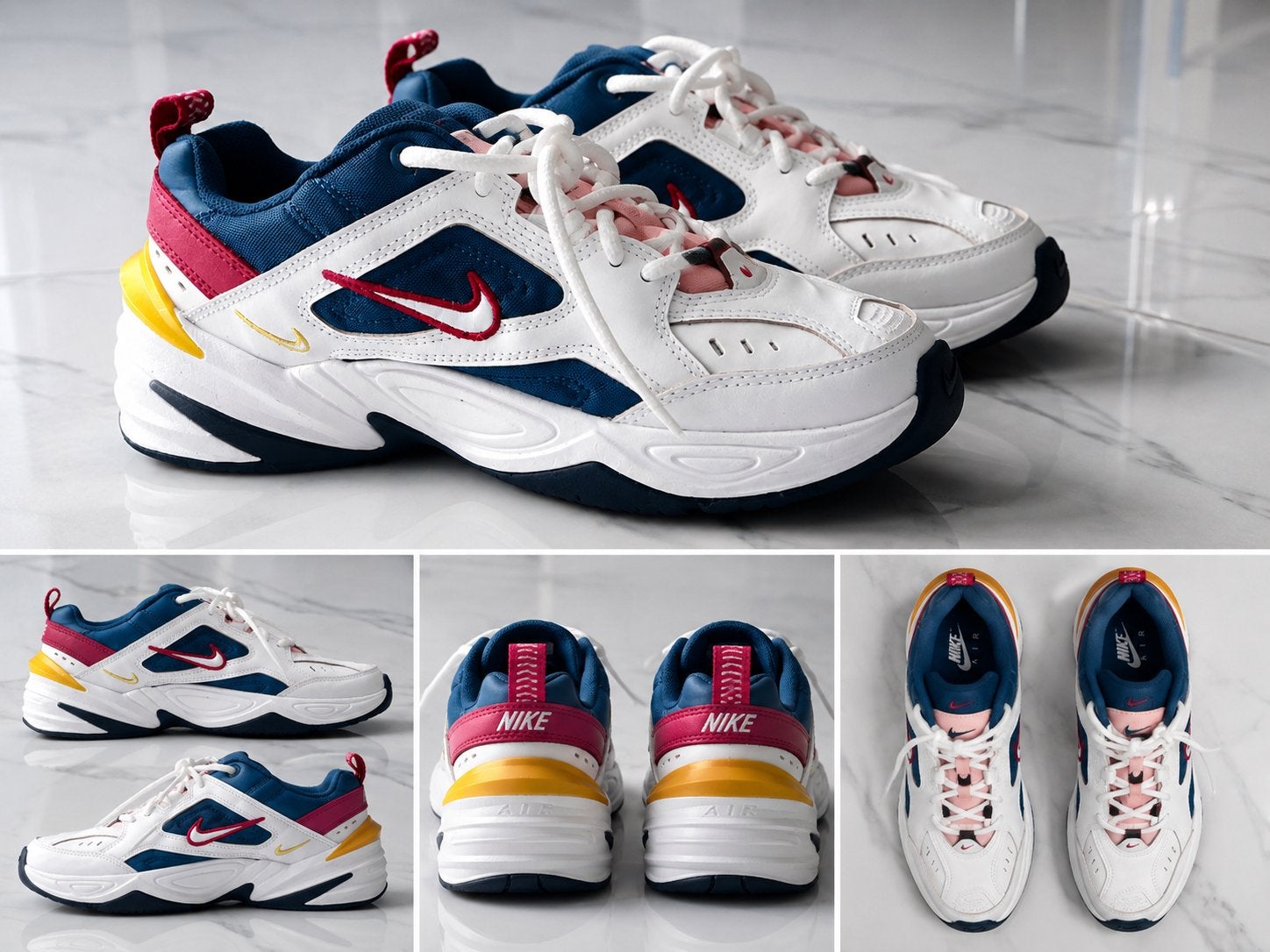 Nike M2K Tekno Sneakers - Wit, Blauw, Rood, Geel, Kleding | Dames, Schoenen, Ophalen of Verzenden, Zo goed als nieuw, Wit, Sneakers of Gympen