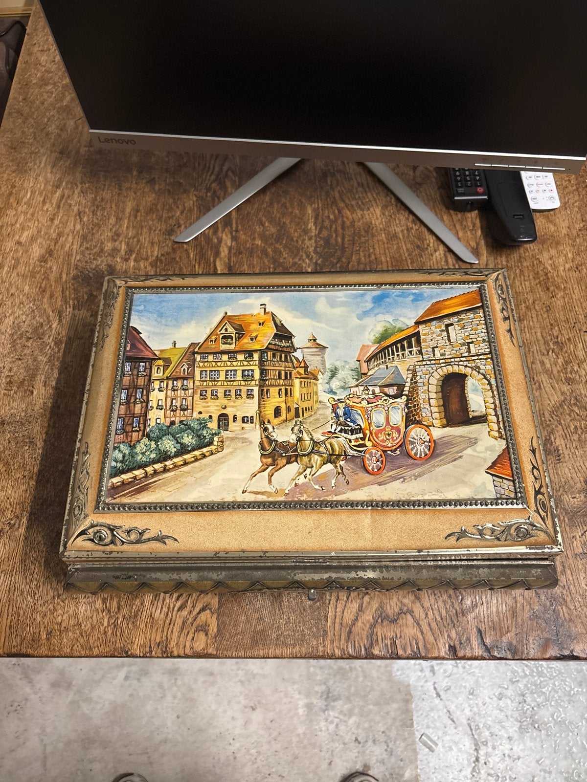 Vintage DBF wanddecoratie – stadsgezicht met koets, Ophalen