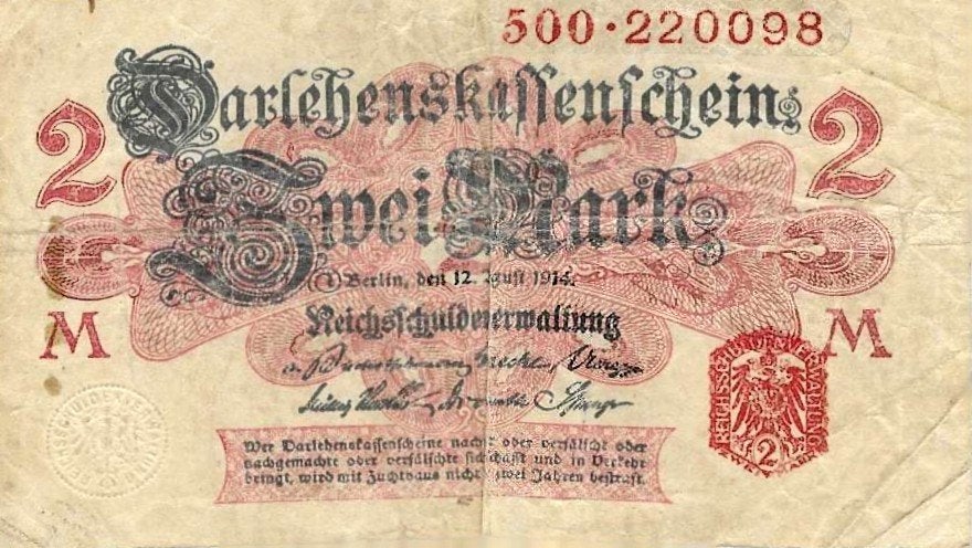 Duitse bankbiljetten: 2 Mark 1914 en 1000 Mark 1910, Ophalen of Verzenden, Duitsland, Setje