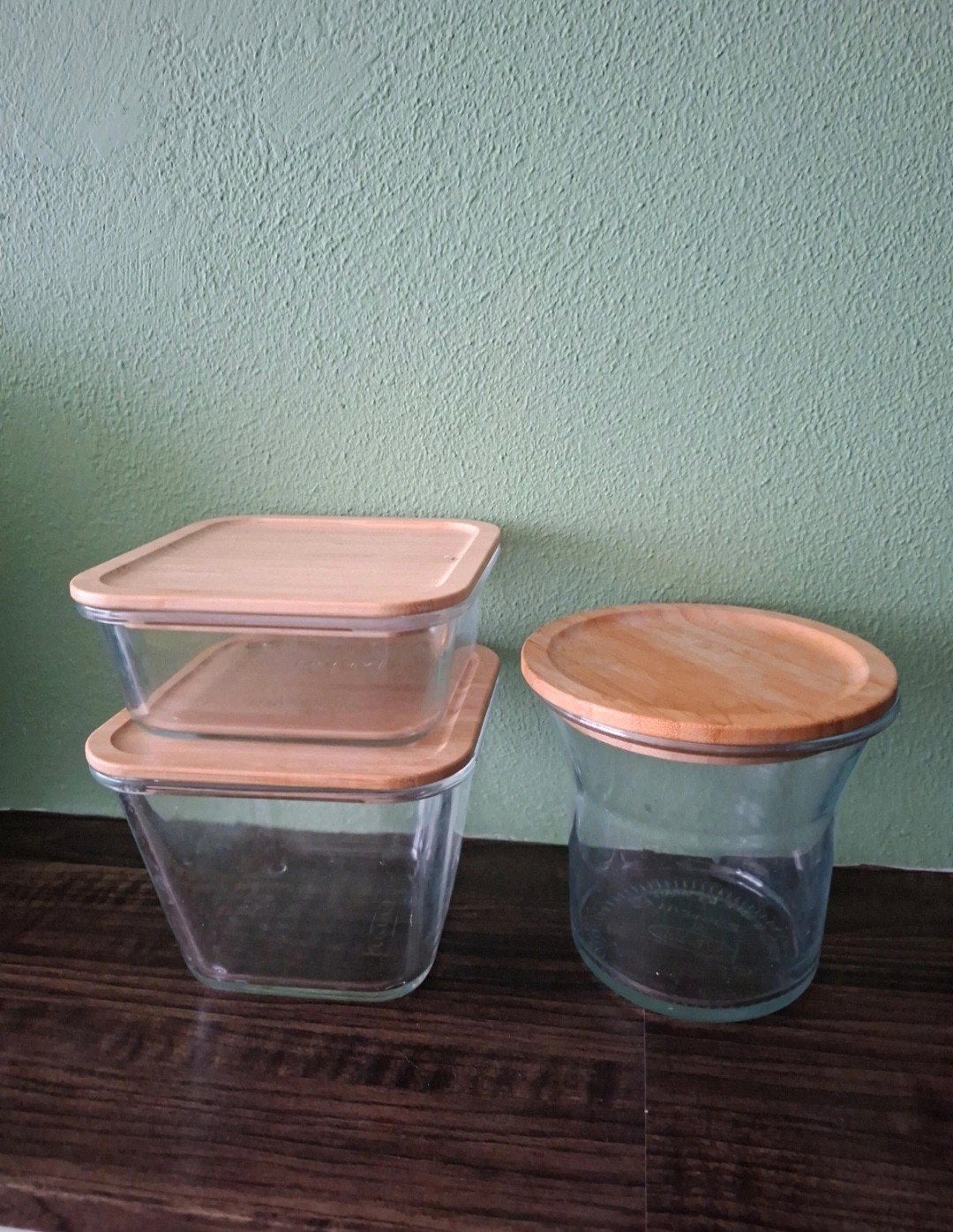 Ikea - Glazen voorraadpotten met bamboe deksel - Set van 3, Huis en Inrichting, Voorraadpot, Ophalen, Gebruikt, Glas
