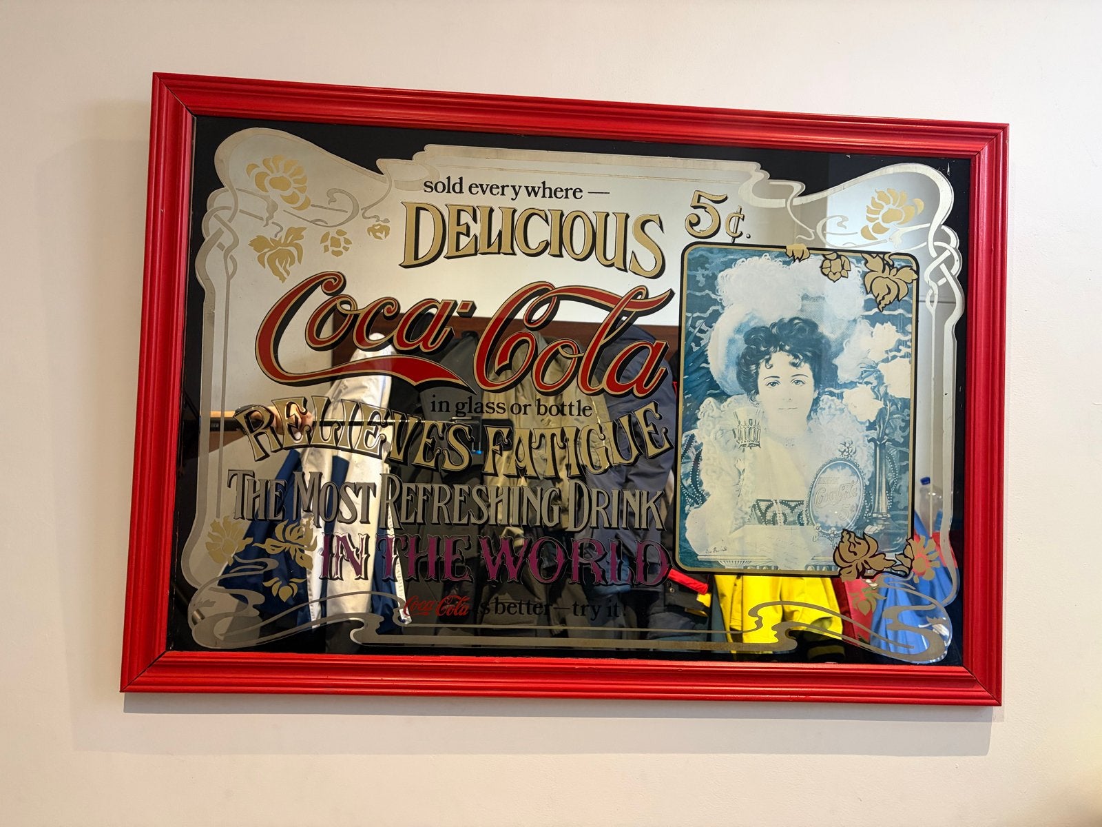 Vintage Coca-Cola spiegel met rood frame, Ophalen, Rechthoekig, 50 tot 100 cm, Minder dan 100 cm
