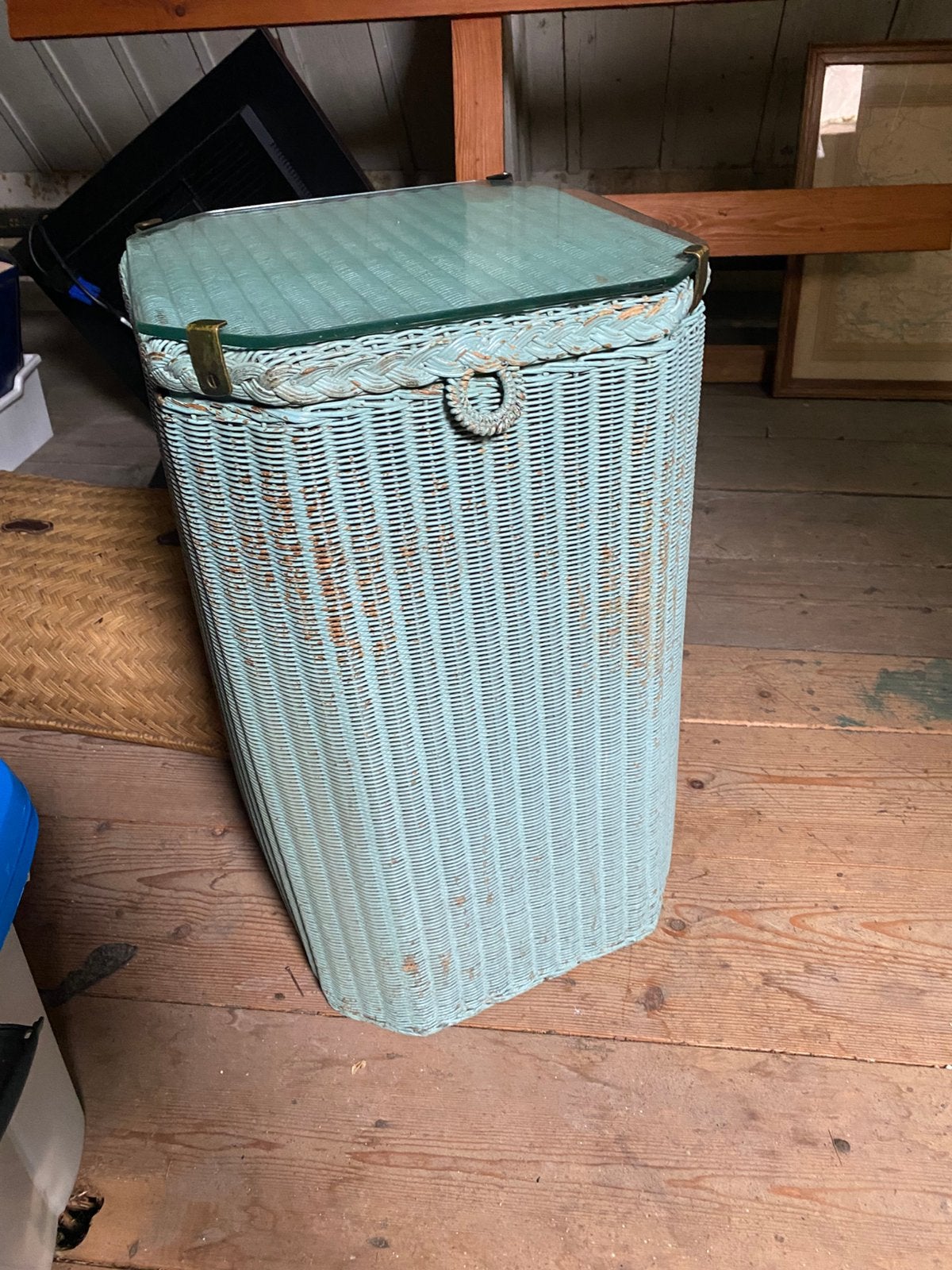 Loyd loom Vintage rieten wasmand/opberger met glazen blad, Ophalen of Verzenden