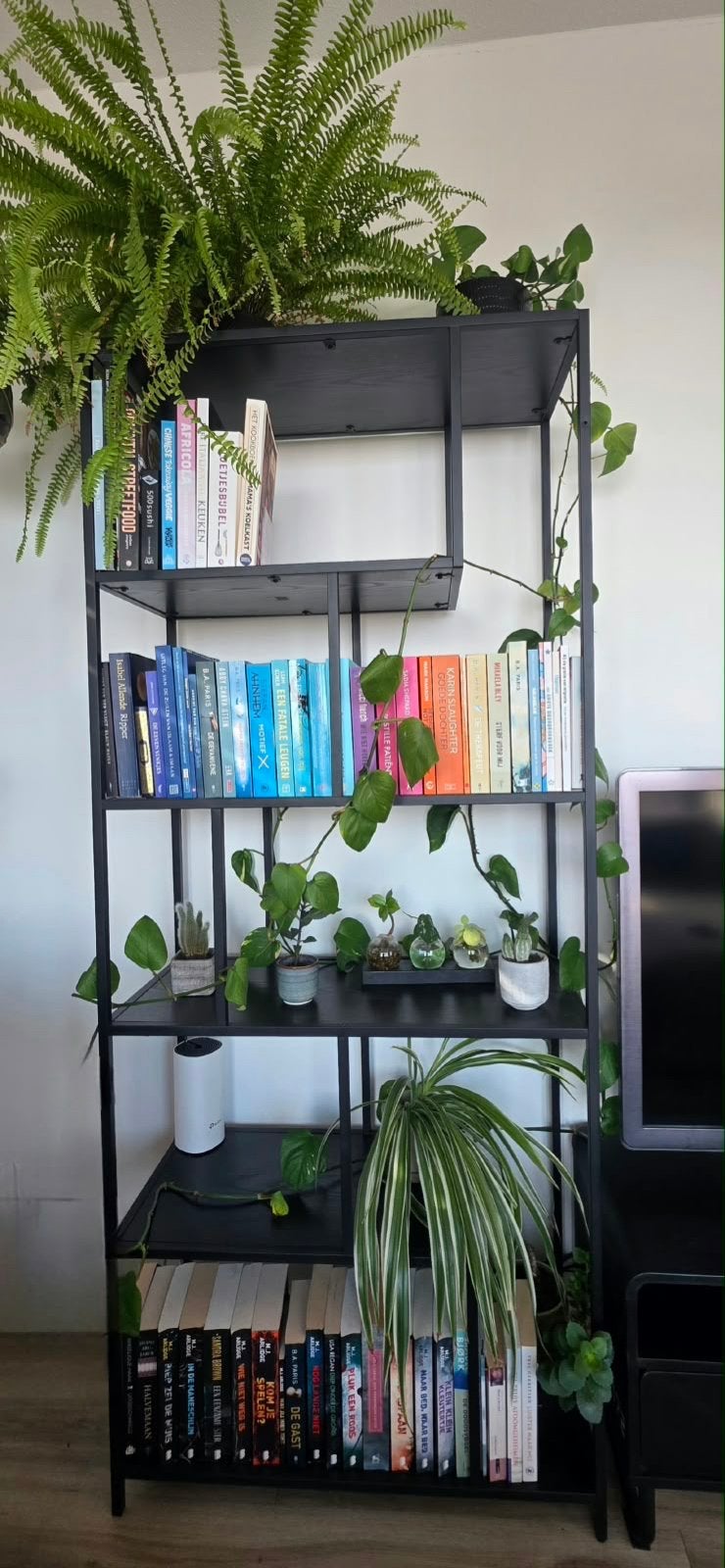 Zwart metalen boekenkast met open vakken, Huis en Inrichting, Ophalen, Met plank(en), Gebruikt, 50 tot 100 cm