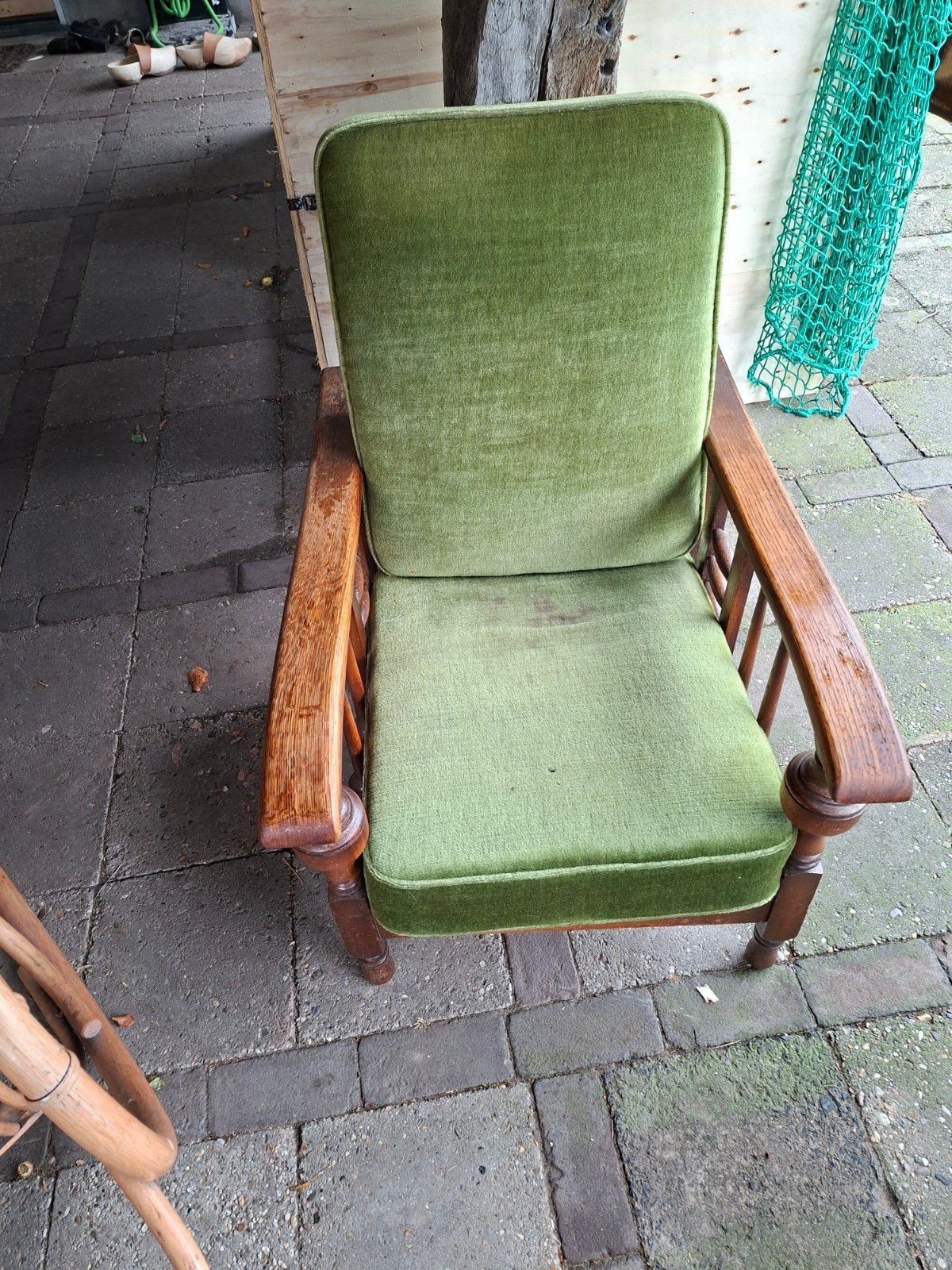 Vintage fauteuil met groene velours bekleding, Antiek en Kunst, Ophalen of Verzenden