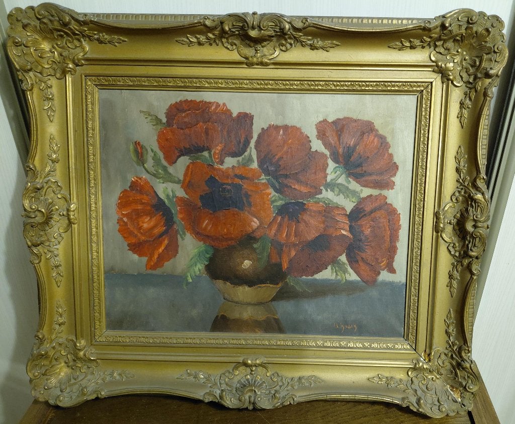 Olieverfschilderij klaprozen in goudkleurige lijst, Ophalen, Doek, Stilleven, Olieverf
