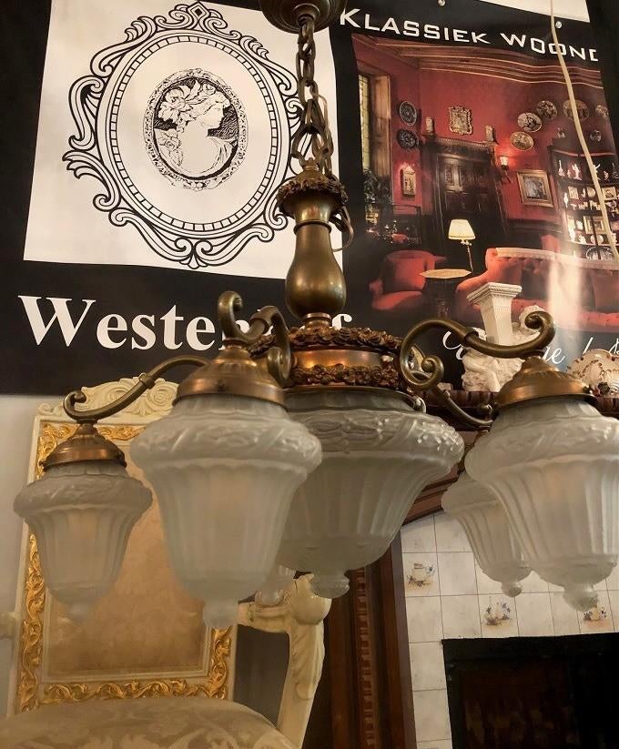 Groot Franse kroonluchter antiek hanglamp brons 5 arms, Ophalen, Gebruikt, Glas