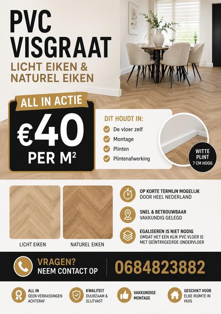 Pvc Vloer Klik - All in €40 per m2, Kunststof, 50 tot 150 cm, Nieuw, Ophalen of Verzenden