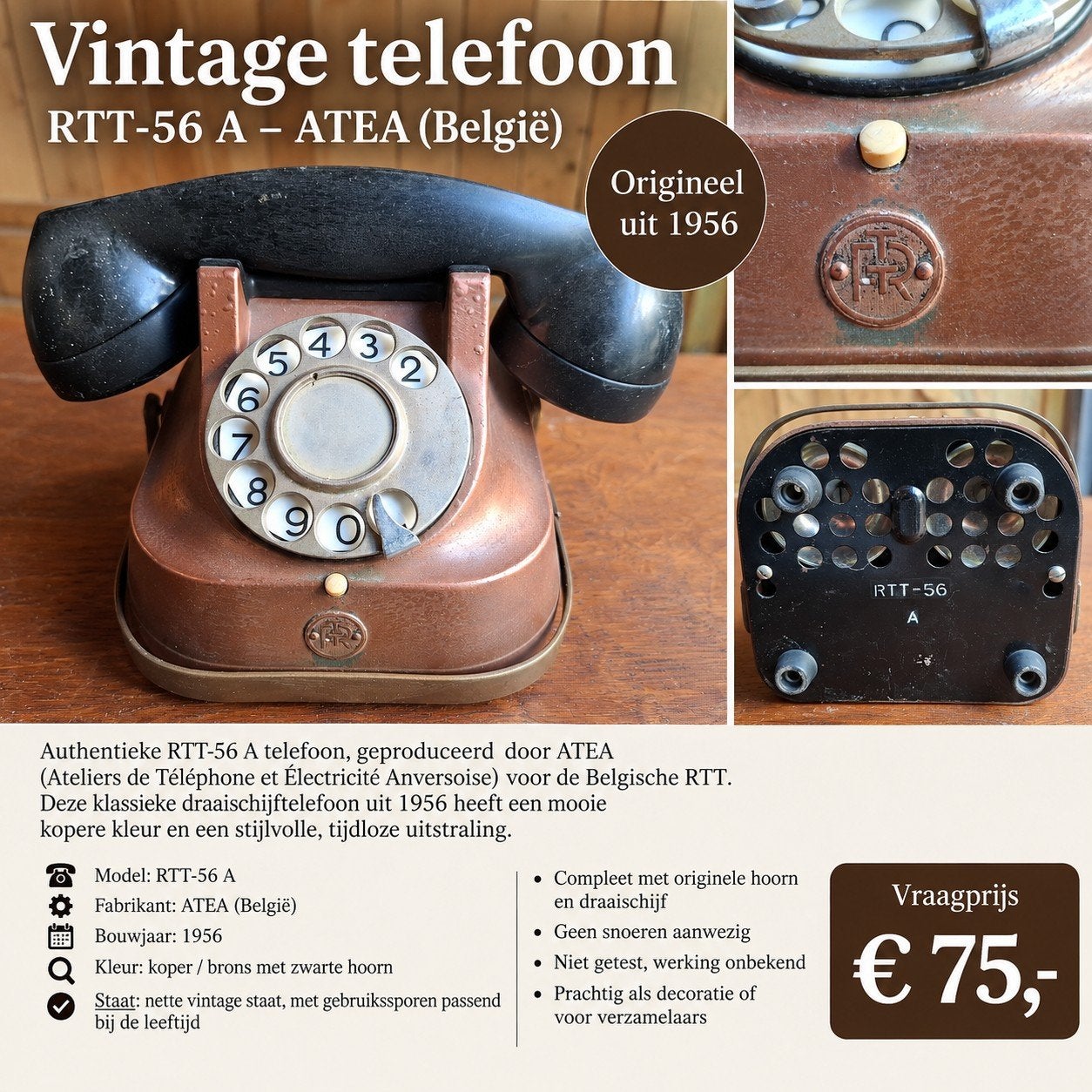 Vintage RTT-56 A Telefoon - ATEA België (1956), Ophalen of Verzenden