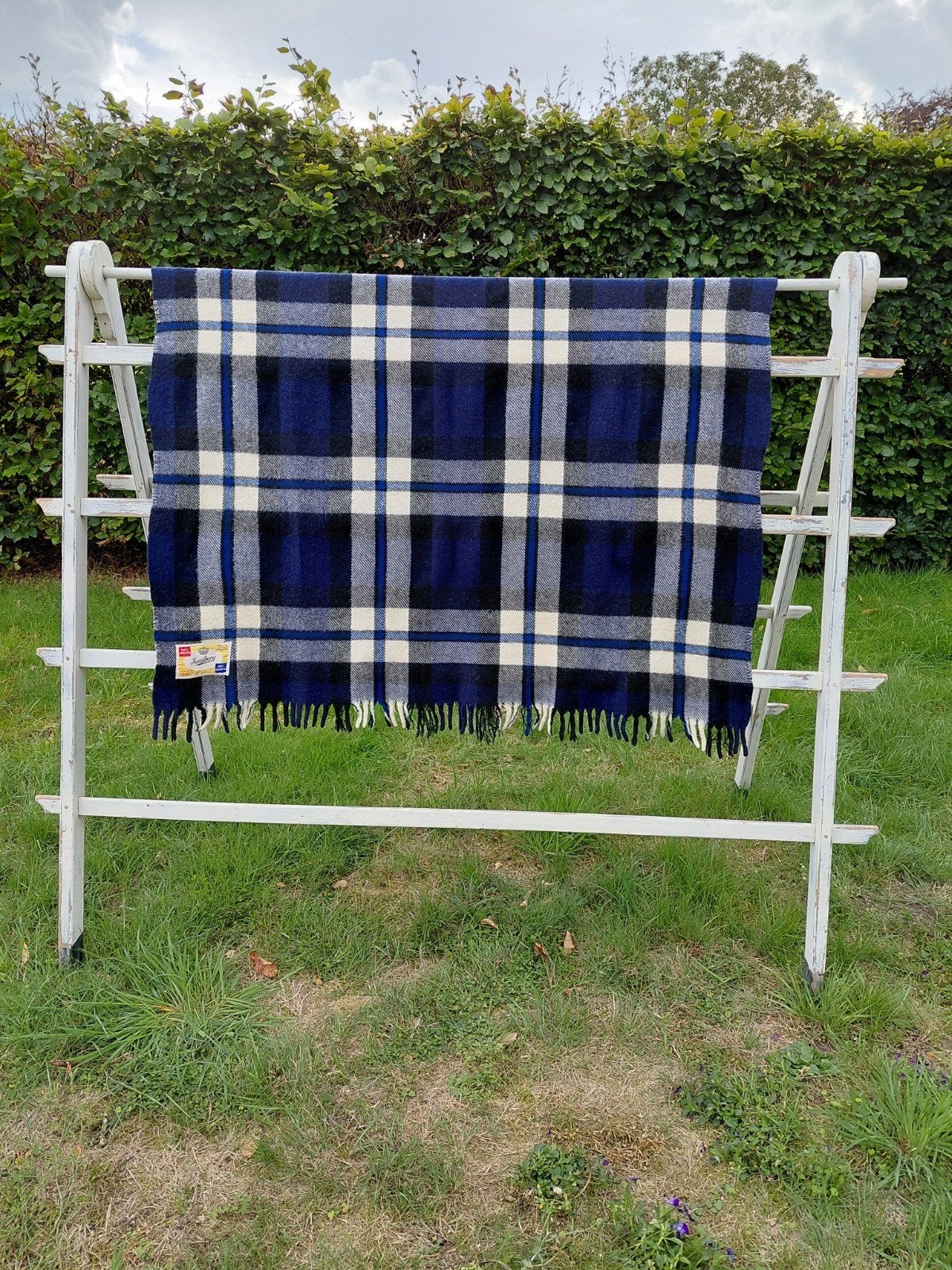 vintage wollen plaid/deken Zaalberg blauw geruit, 135 cm, Gebruikt, Met franjes/kwastjes, Wol