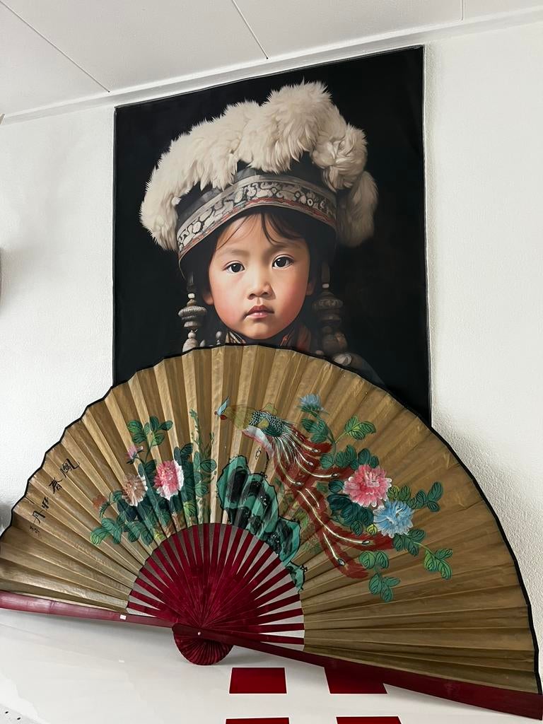 Vintage Grote Chinese waaier papier/hout beschilderd, Ophalen, Gebruikt