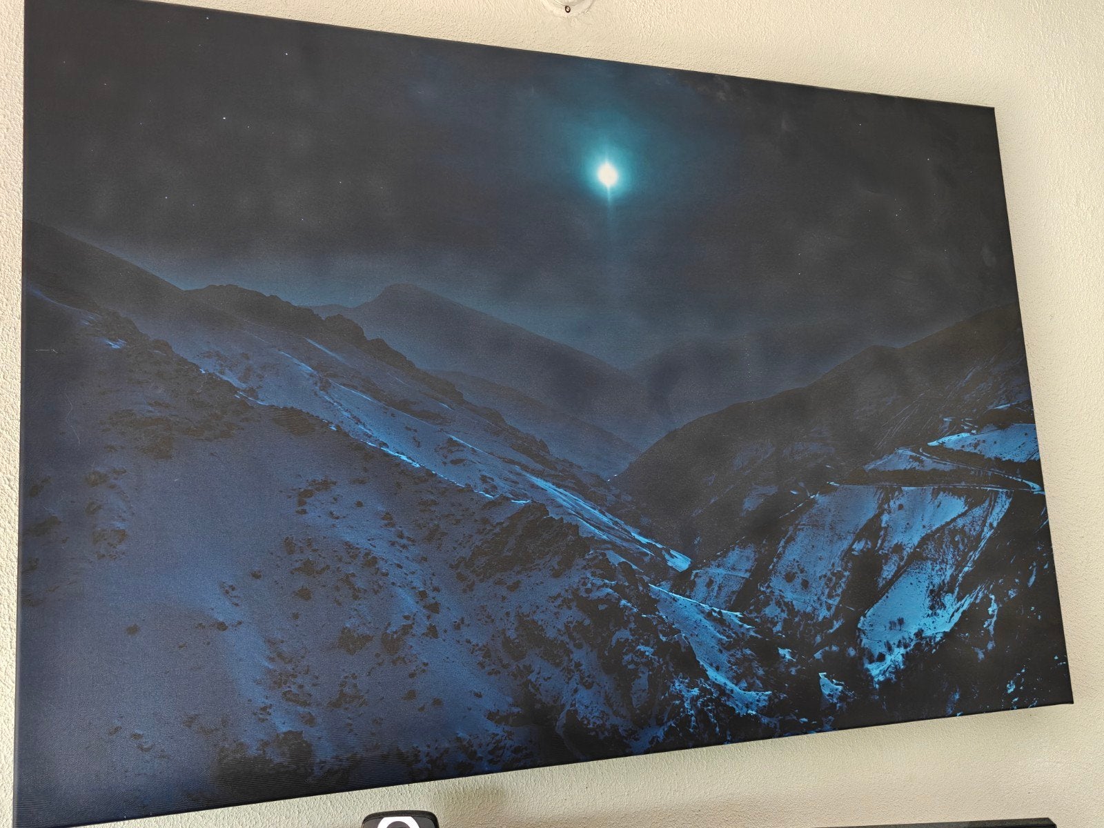 Schilderij bergen met maanlicht 120x80cm, Huis en Inrichting, Woonaccessoires | Schilderijen, Tekeningen en Foto's, Ophalen, Zo goed als nieuw