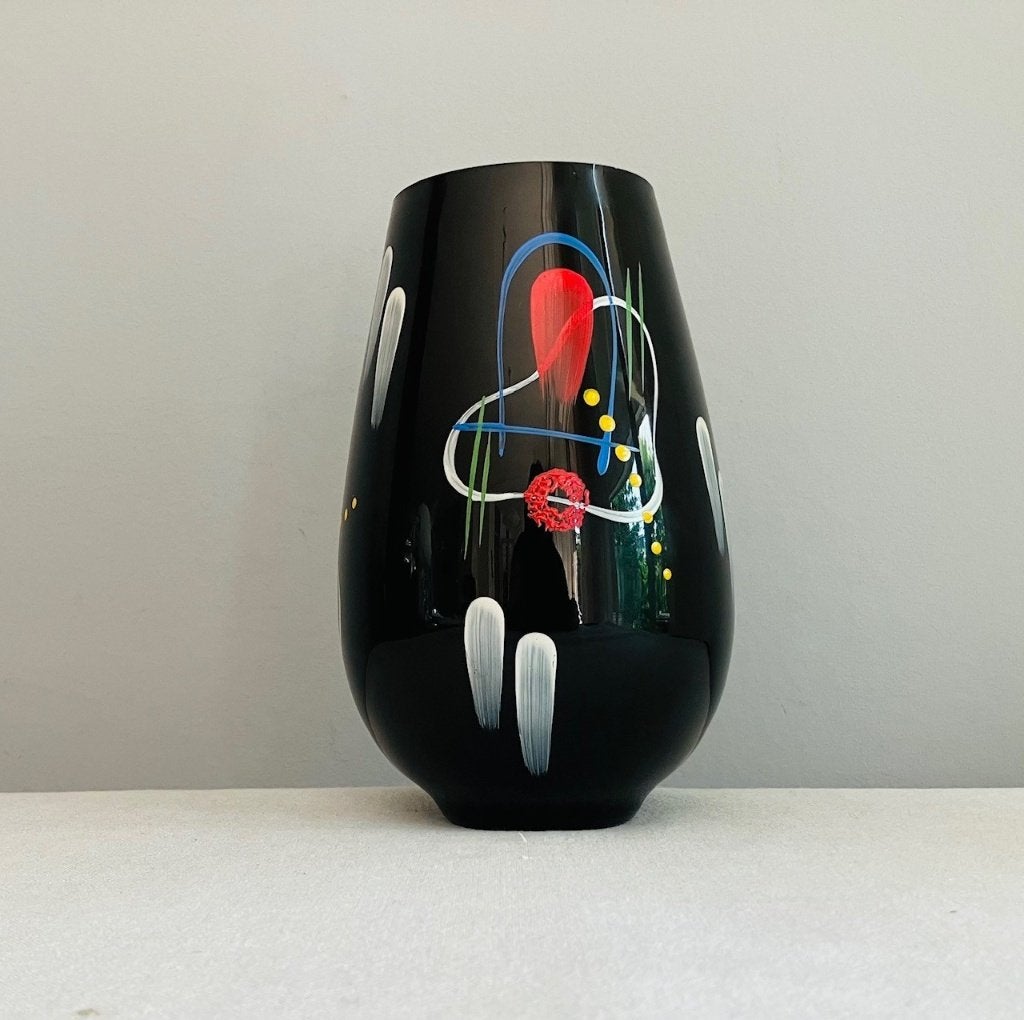 Sixties hyaliet glas zwart rockabilly Memphis vaas handbesch, Antiek en Kunst, Ophalen of Verzenden