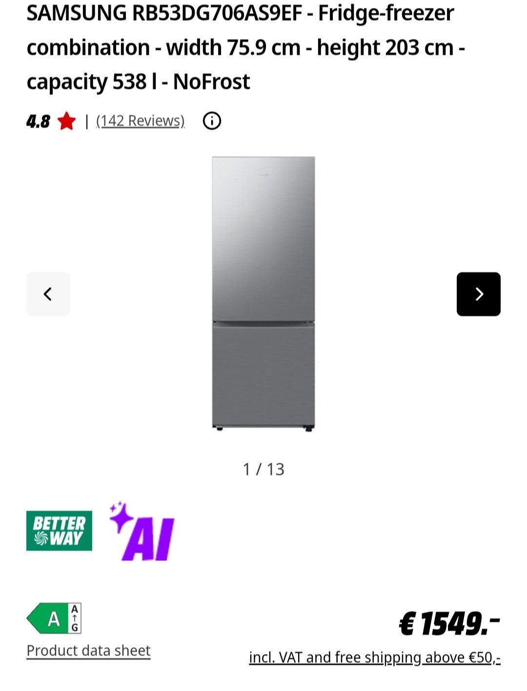 Samsung RB53DG706AS9/EF Fridge Freezer | Energy Label A, Witgoed en Apparatuur, Koelkasten en IJskasten, 200 liter of meer, 60 cm of meer