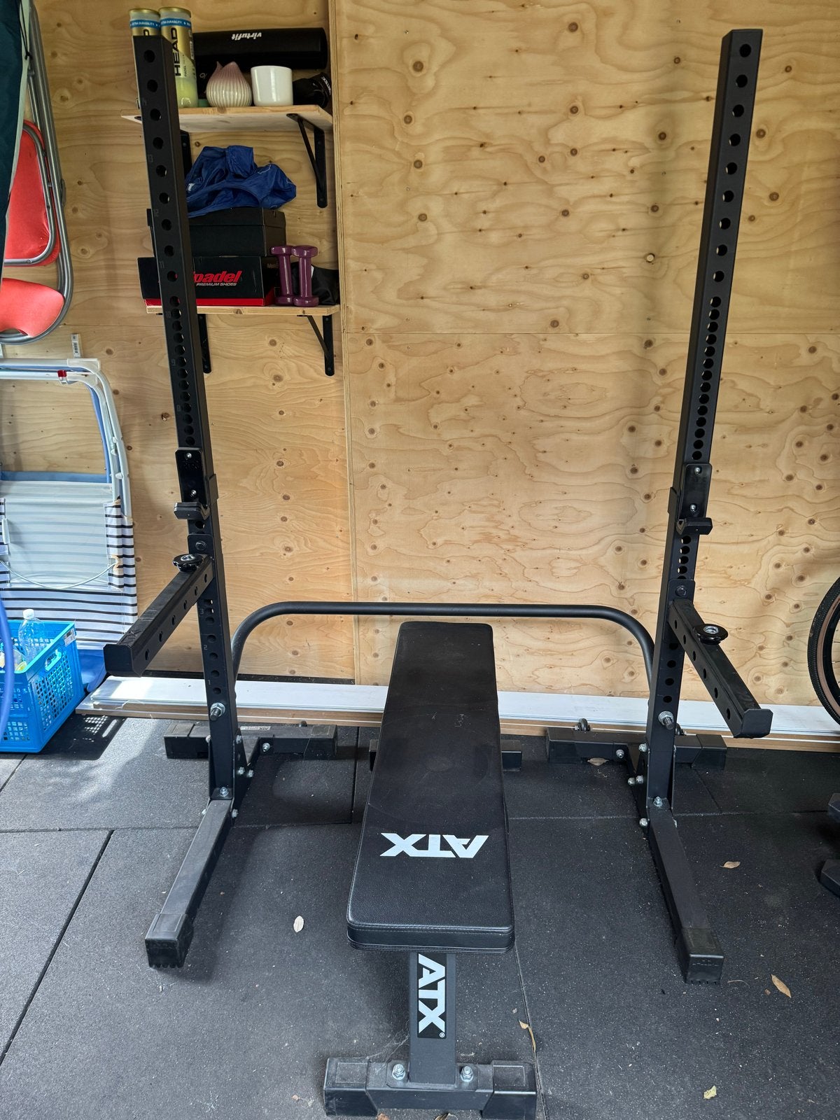 ATX Squat stands met Flat Bench en Spotter Arms, Sport en Fitness, Ophalen, Gebruikt, Krachtstation, Armen