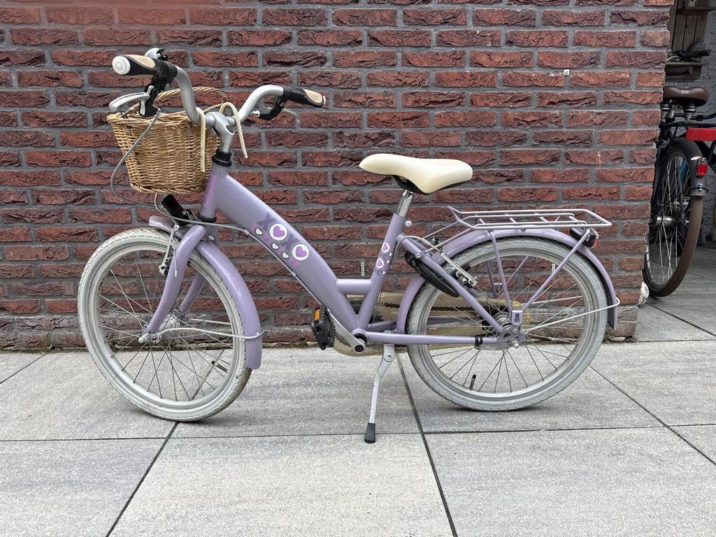Lila kinderfiets 20” met mandje en bagagedrager, Ophalen, Gebruikt, Velgrem, 16 tot 20 inch