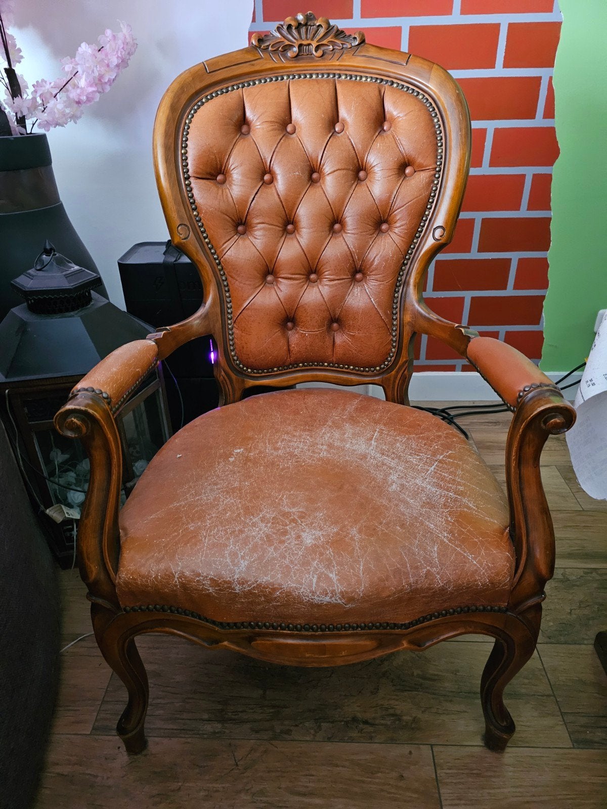 Antieke fauteuil - Cognac leer en hout, Ophalen