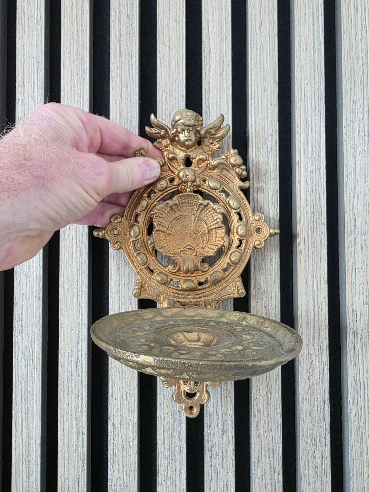 Antieke Wandkandelaar Messing - Engel & Schelp - Inklapbaar, Ophalen of Verzenden