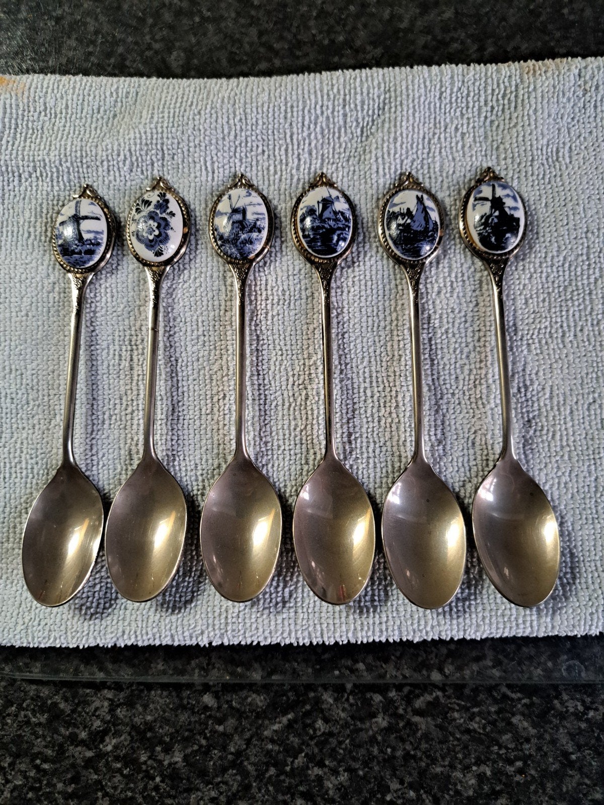 Antieke zilverkleurige theelepeltjes met Delfts Blauw decor, Antiek en Kunst, Ophalen of Verzenden