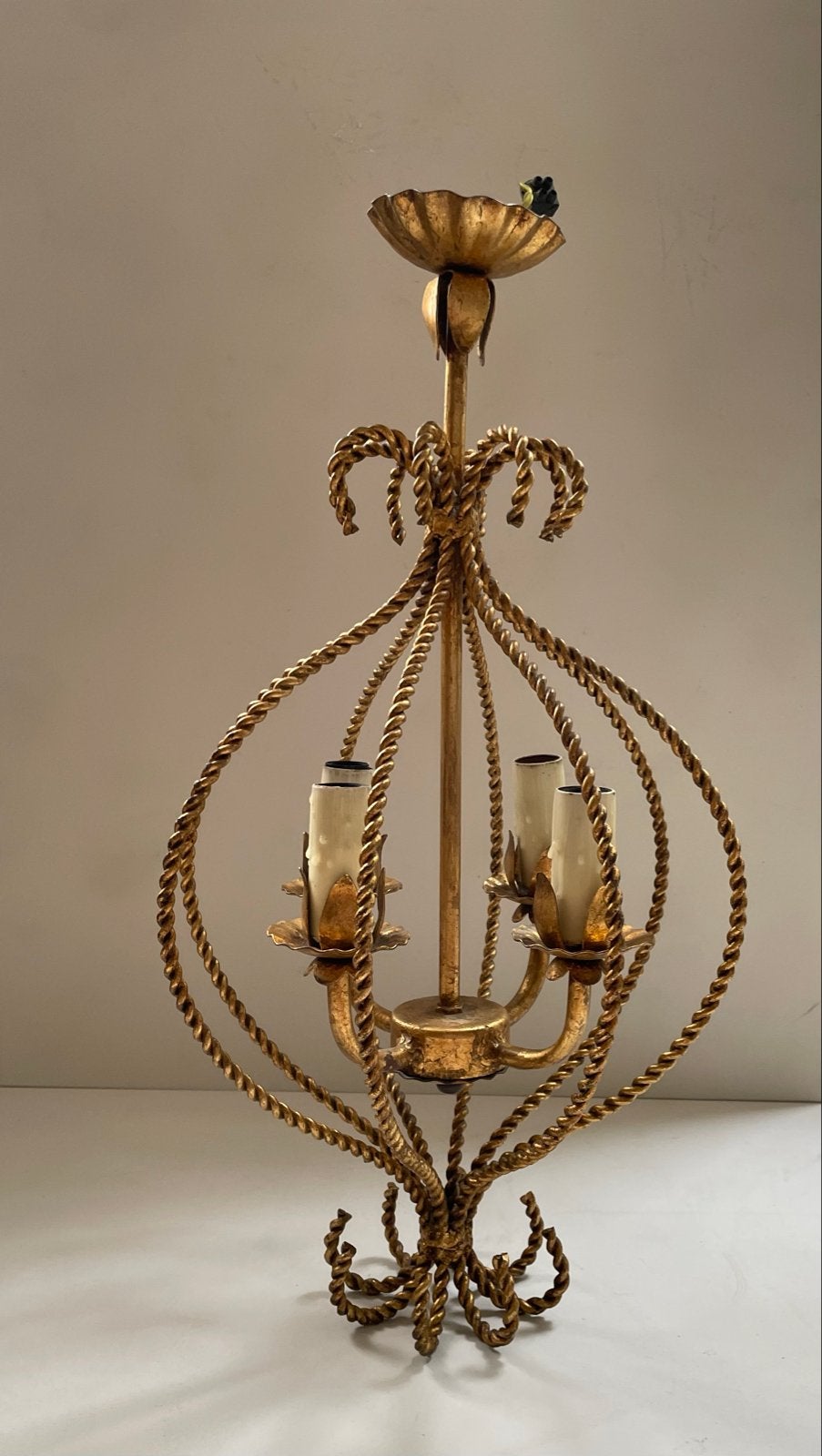 Vintage hanglamp mid century verguld hollywood regency, Gebruikt, E14 (klein), Ophalen of Verzenden, Metaal
