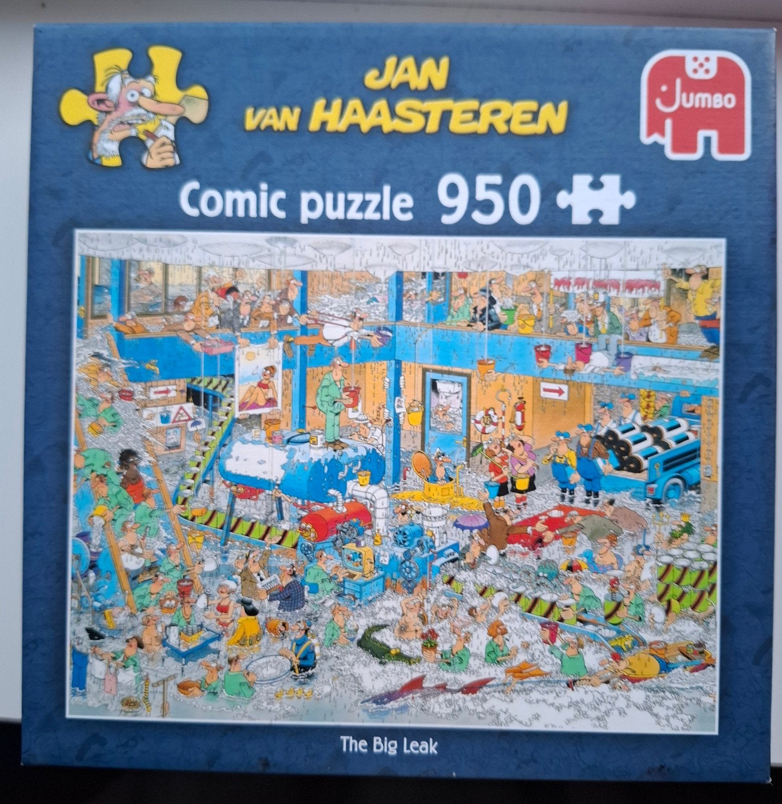 Jan van Haasteren puzzel: the big leak(de lekkage)-950 stuk, Ophalen of Verzenden, 500 t/m 1500 stukjes, Zo goed als nieuw