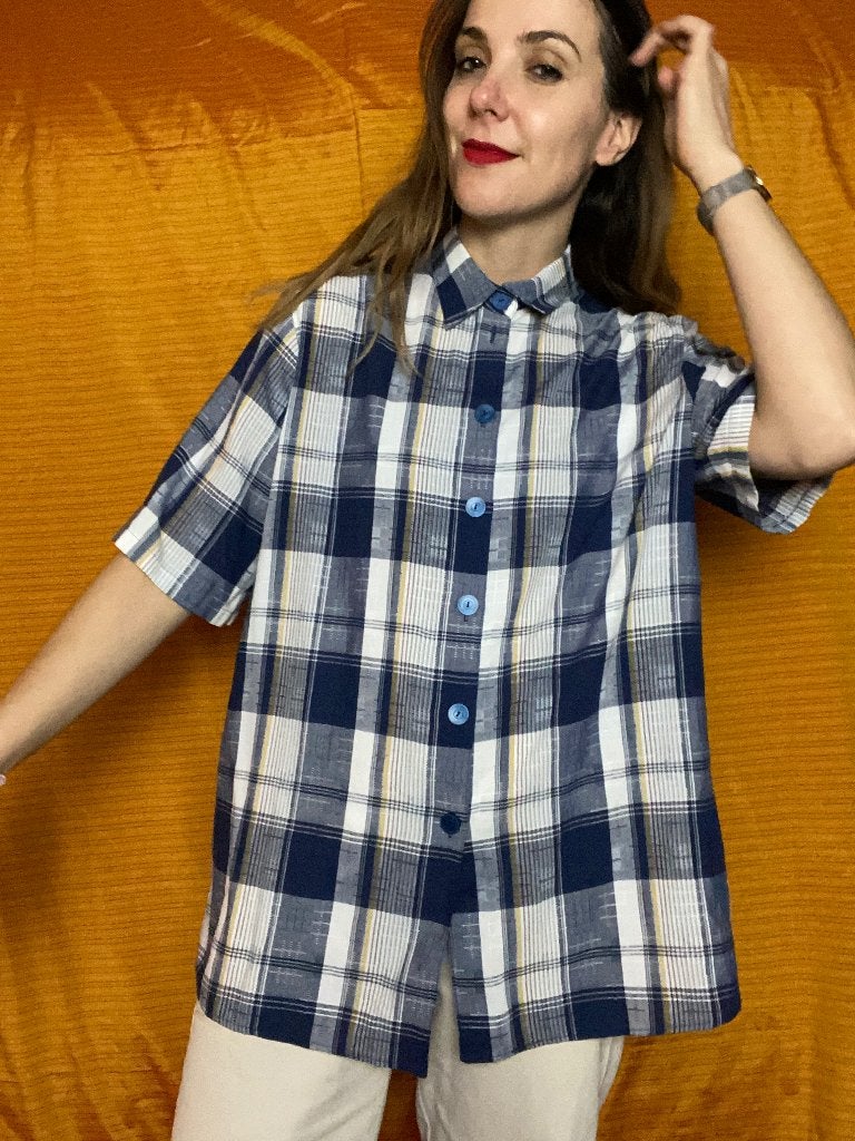 Vintage blouse blauw L/40, Ophalen, Gedragen, Maat 38/40 (M), Blauw