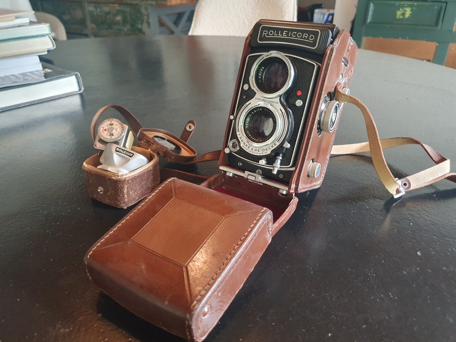 Vintage Rolleicord camera met lederen tas e belichtingsmeter, Ophalen of Verzenden