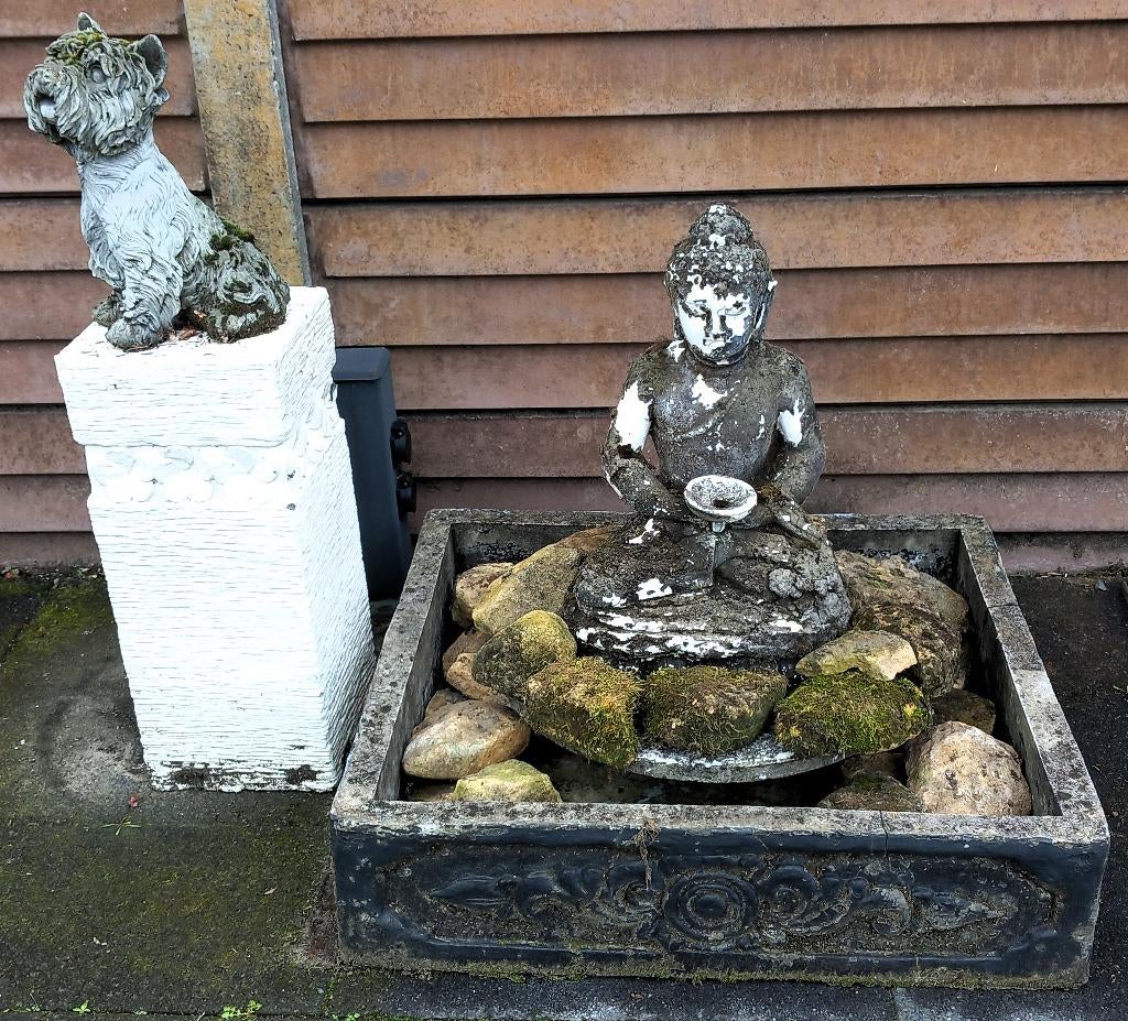 Pakket 11 - Tuin B2 - Boeddhafontein, plateau, waterbak Bali, Tuin en Terras, Ophalen, Zo goed als nieuw, Beton, Fontein