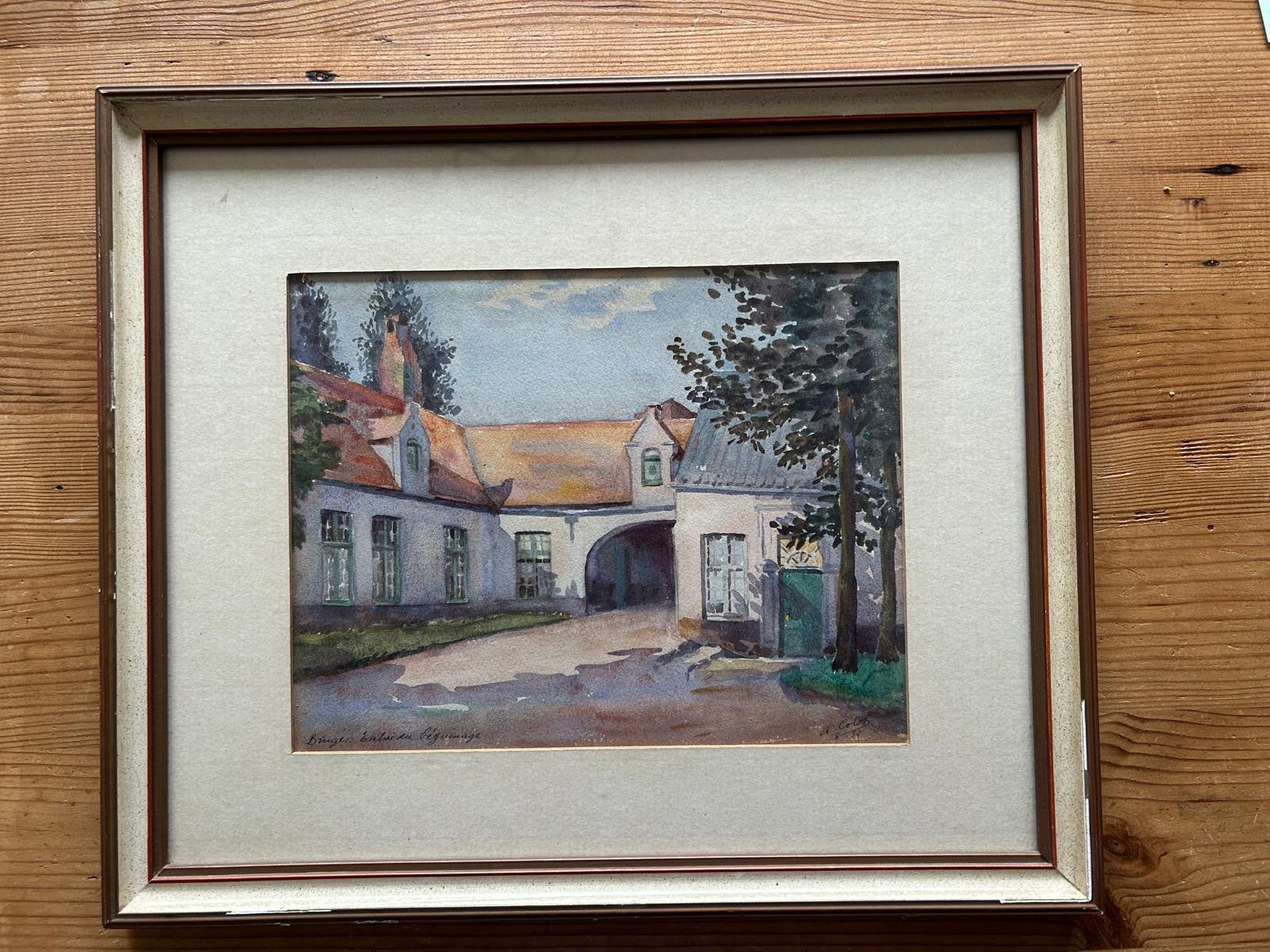 Aquarel van Begijnhof Brugge., Ophalen, Aquarel, Stads- / dorpsgezicht