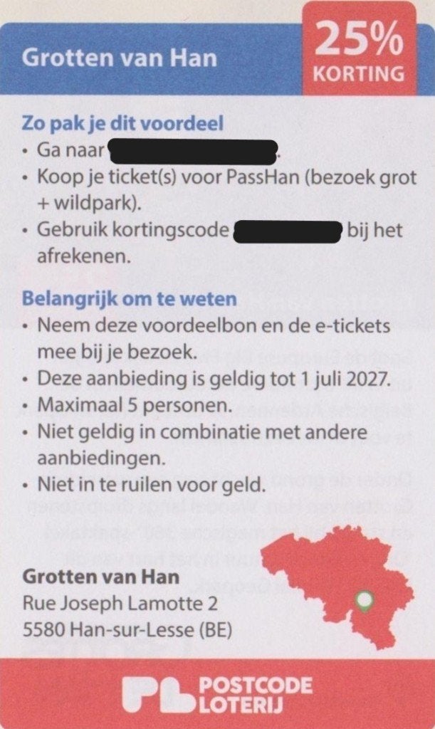 Grotten van Han. 25% korting. Postcodeloterij voordeelbon., Tickets en Kaartjes, Drie personen of meer, Kortingskaart