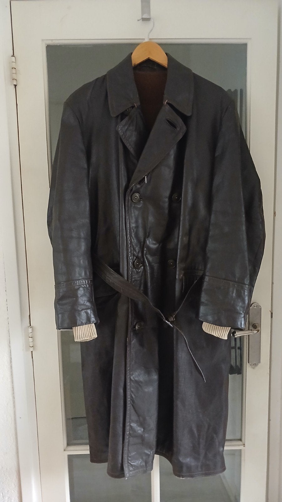 Lange bruine leren (solex) jas - Zware kwaliteit, Ophalen of Verzenden, Gedragen, Maat 48/50 (M), Bruin