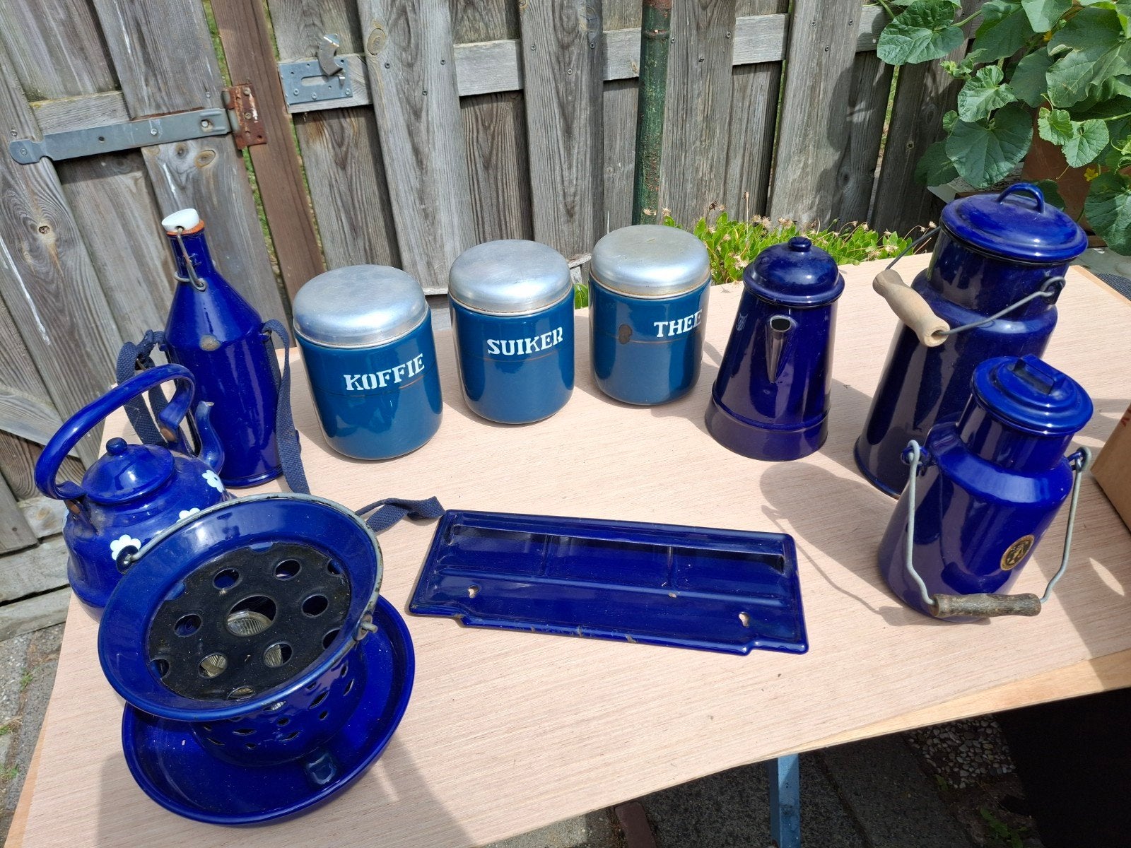 Vintage blauw emaille keukenset - koffie, thee, suiker, Ophalen of Verzenden
