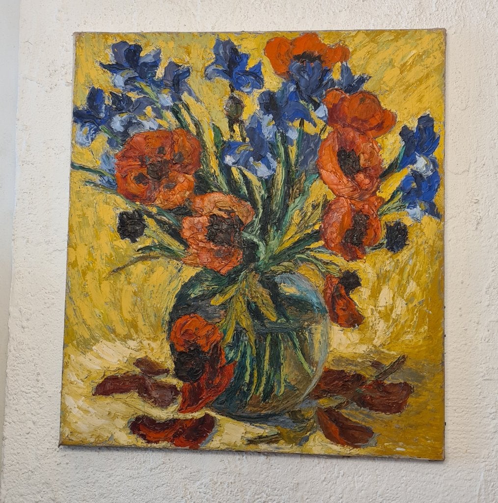 Groot schilderij met bloemen, Ophalen of Verzenden, Handgeschilderd, Bloemen