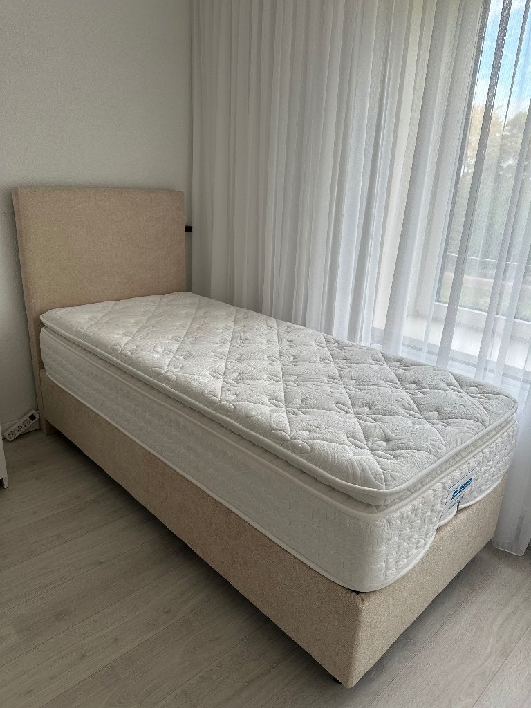 Luxe Boxspring 90x200 + Matras Amsterdam, Ophalen, 90 cm, Eenpersoons, Beige