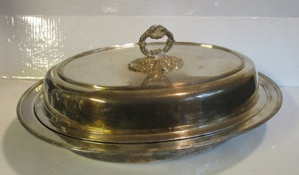 antieke silver plated schotel met deksel ruban croisée, Antiek en Kunst, Antiek | Servies compleet, Ophalen