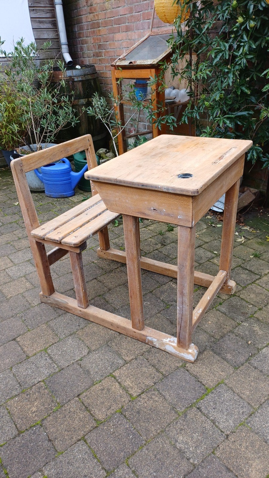 Vintage frans houten schoolbankje met stoel., Ophalen