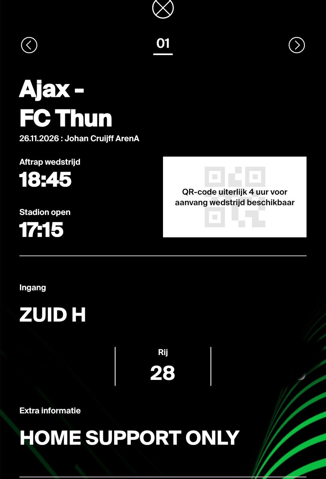 Ajax - Fc Thun  F-side 26-11-2026, Losse kaart, Eén persoon, November, Europa of Champions League