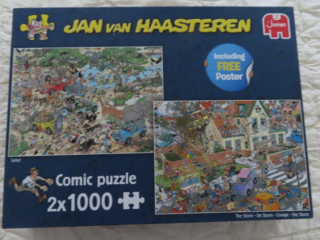 Te koop 2 Jan van Haasteren puzzles in 1 doos, Hobby en Vrije tijd, Ophalen of Verzenden, 500 t/m 1500 stukjes, Zo goed als nieuw