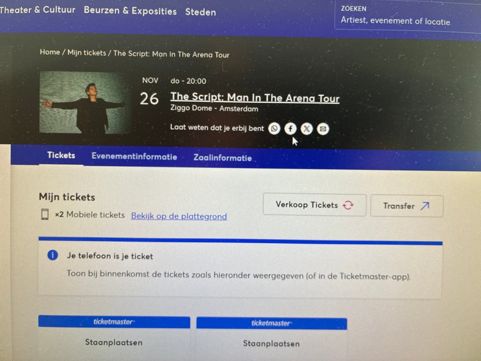 2 tickets The Script 26 november staanplaatsen, Twee personen, November