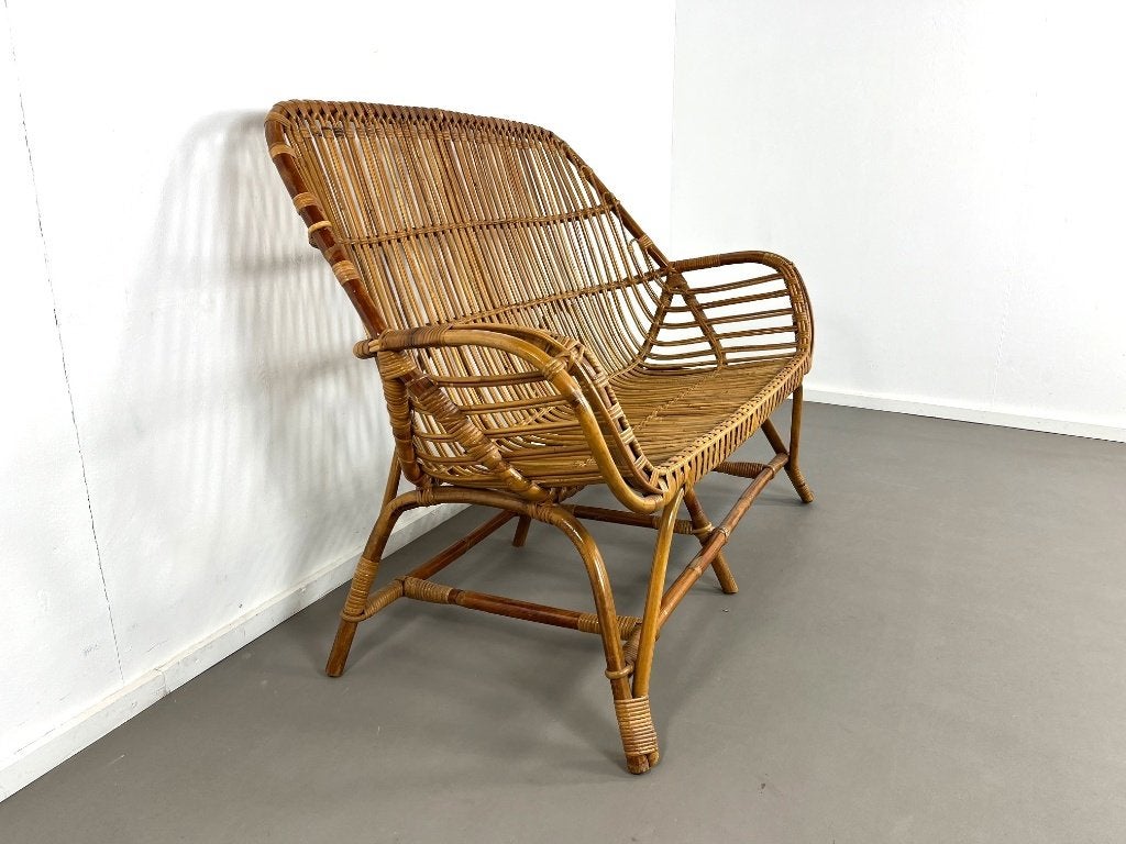 Mid-century rotan/bamboe bankje van Rohé Noordwolde jaren 60, Ophalen