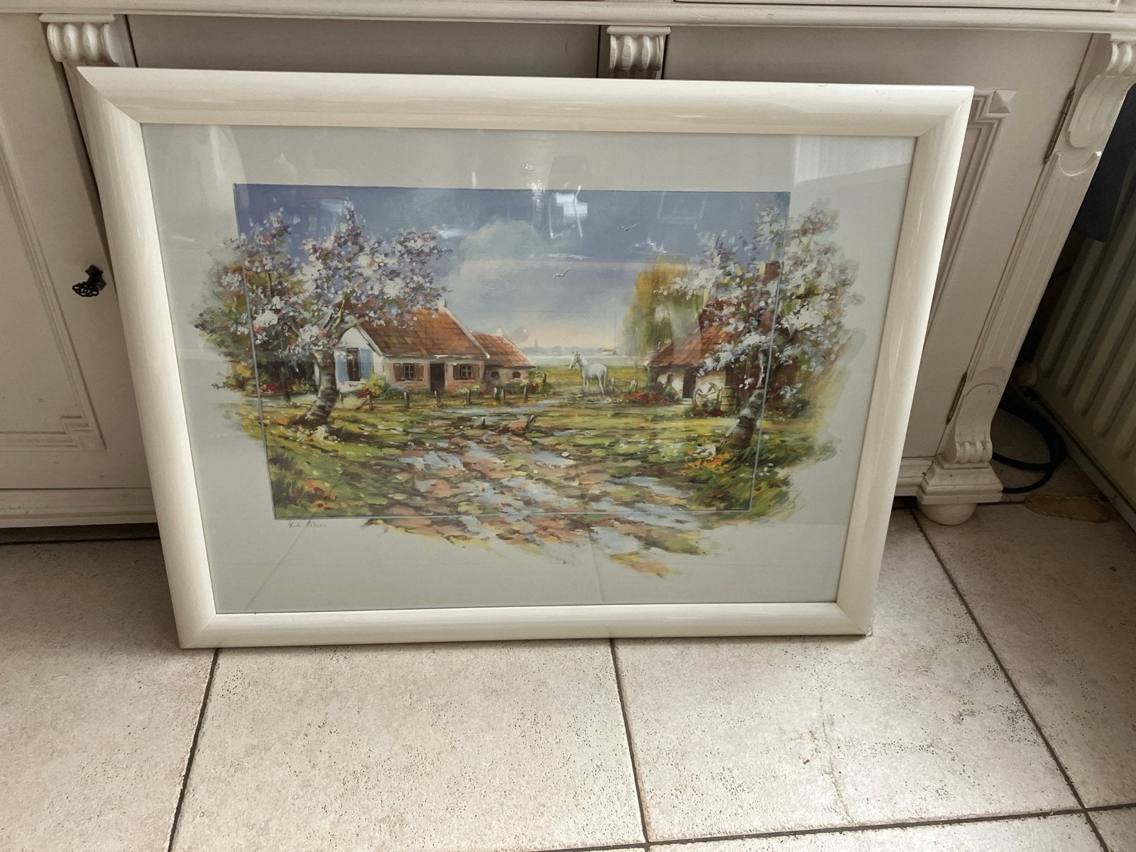 Schilderij Landschap met Huizen, gesigneerd, Antiek en Kunst, Kunst | Schilderijen | Klassiek, Ophalen, Doek, Realistisch, Gesigneerd