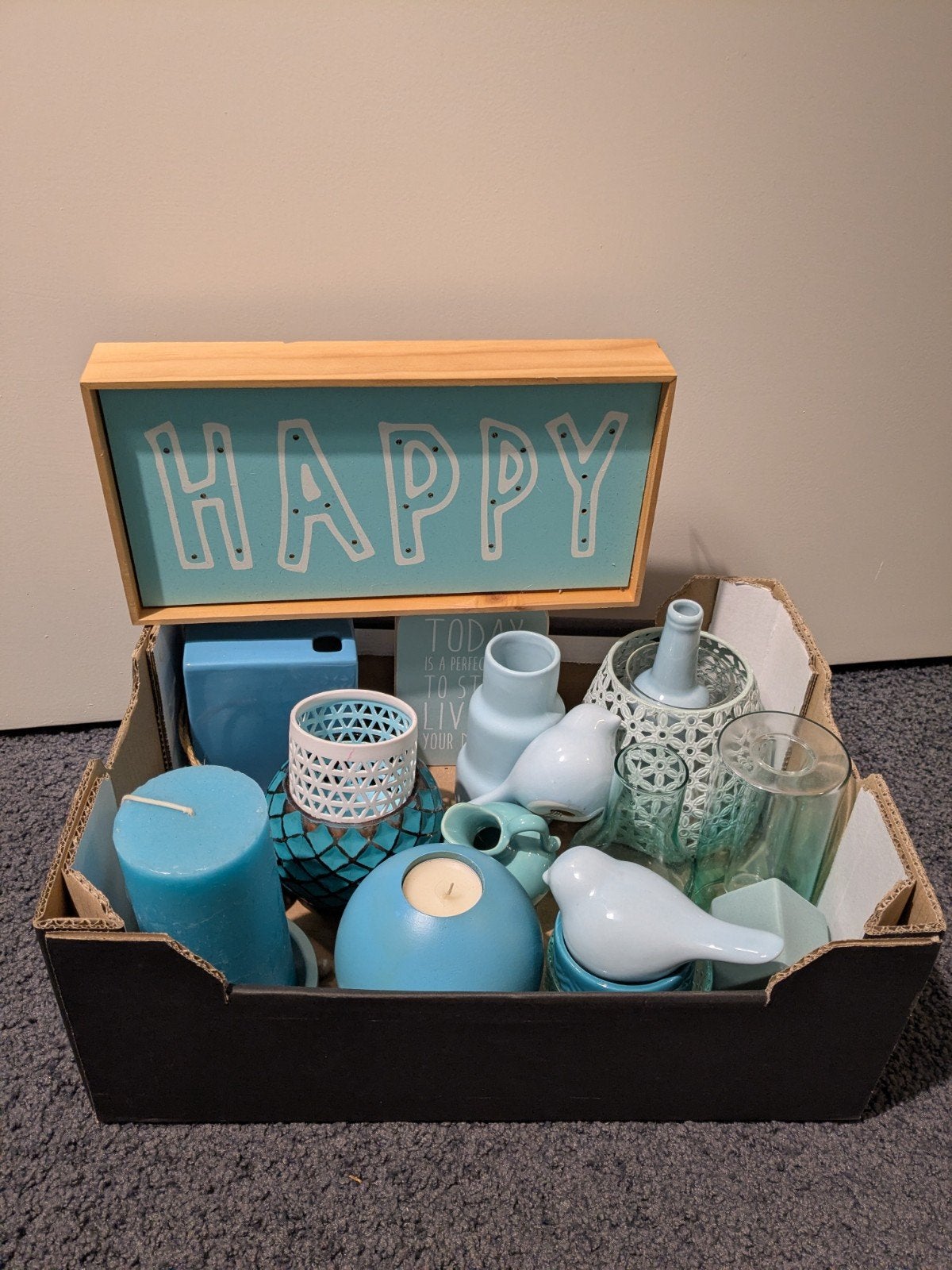 Decoratiepakket in blauwtinten: Happy, vogels, vazen, Huis en Inrichting, Woonaccessoires | Overige, Gebruikt, Blauw, Modern, Ophalen